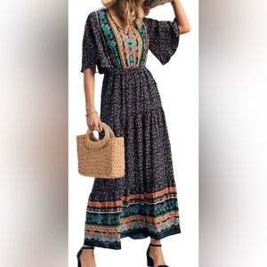 PRETTYGARDEN floral ditzy maxi dress short flutter sleeves v-neck NEW size XL